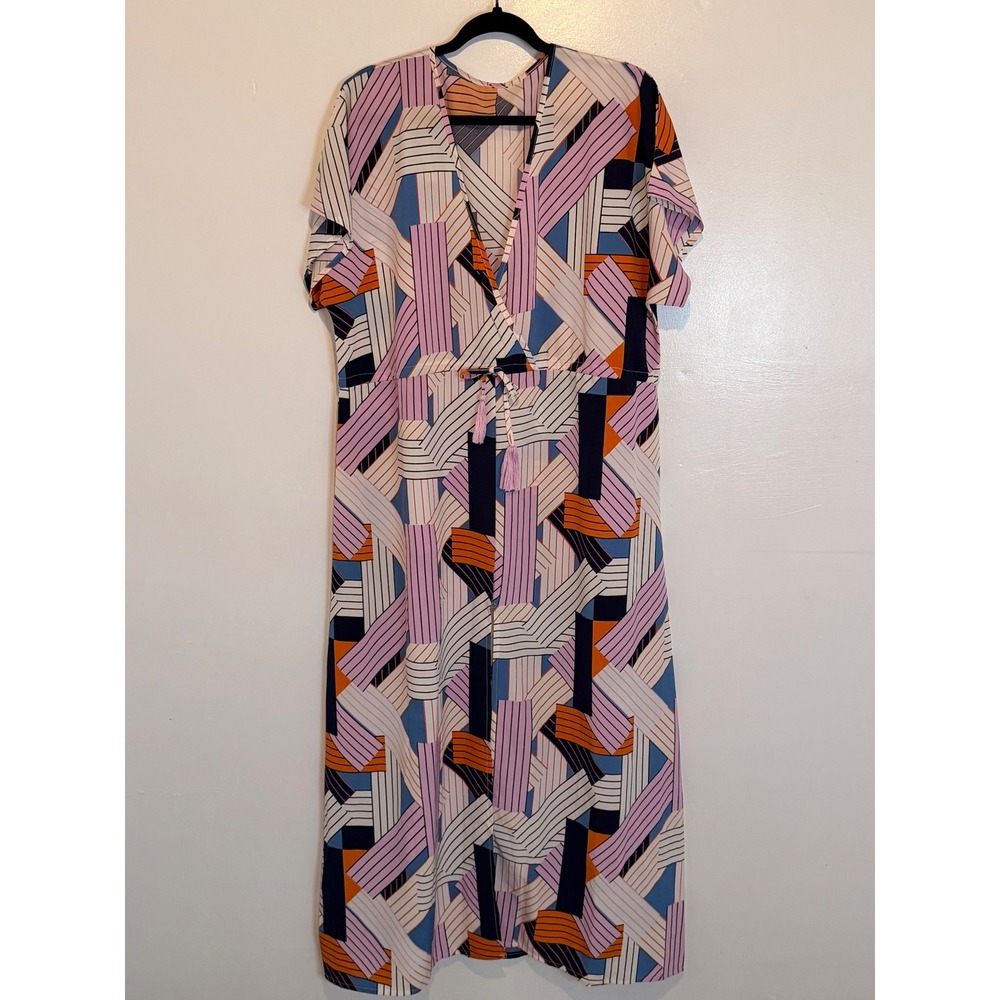 Geometric Abstract Print Maxi Dress Pink Orange Blue Wrap Neck Tassel Tie XL